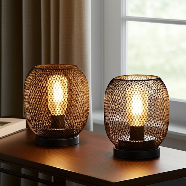 Homeroots Set of Two 7" Black Metal Lantern Bedside Lamps With Black Lattice Cage Shade 533270 - main