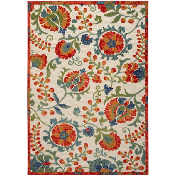 Homeroots 5' X 8' Red Gold Green And Teal Blue Floral Indoor Outdoor Area Rug 545037 - main