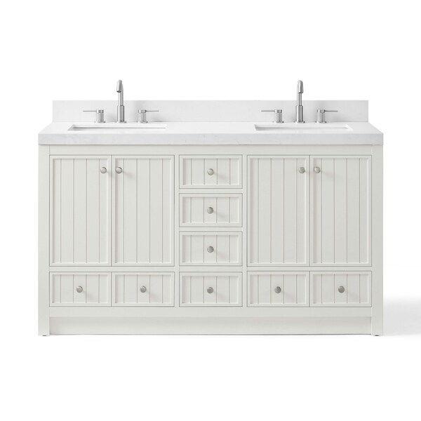 Homeroots 60" White Wood Double Bathroom Vanity With White And Gray Quartz Countertop 714296 - main