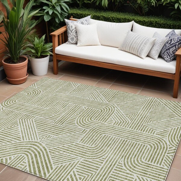 Homeroots 8' X 10' Artichoke Green And Ivory Abstract Washable Indoor Outdoor Area Rug 594896 - main