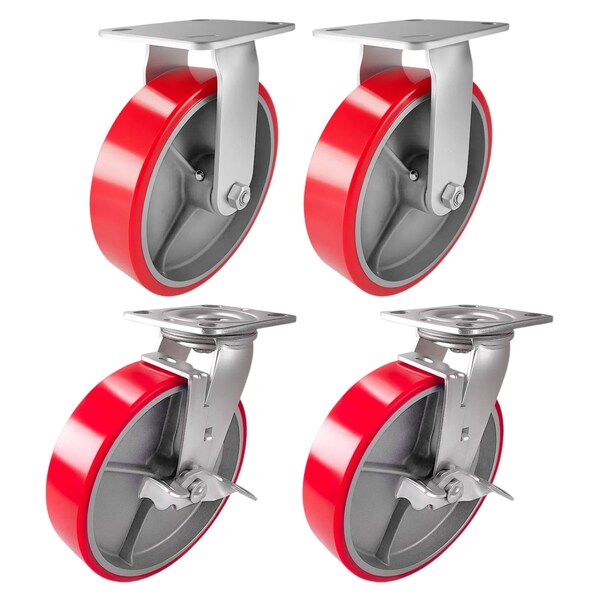 Hyw Products Heavy Duty Caster Set 8in Red Polyurethane on Cast Iron Wheels, 2 Rigid & 2 Swivel with Brake, 4PK 40-80R-A1-PC-2,40-80S-A1-PC-TB-2 (R) - main
