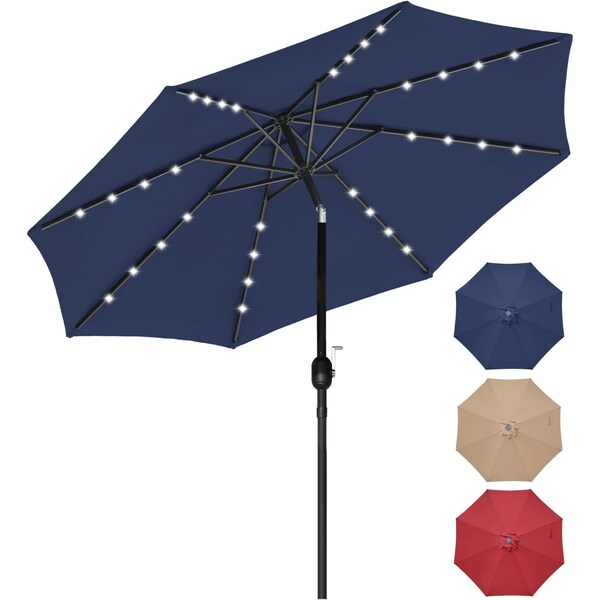 Simple Deluxe 9' Solar Umbrella 32 LED Lighted Patio Umbrella Table Market Umbrella with Push Button Tilt/Crank O LGBRLA9LEDDBL - main