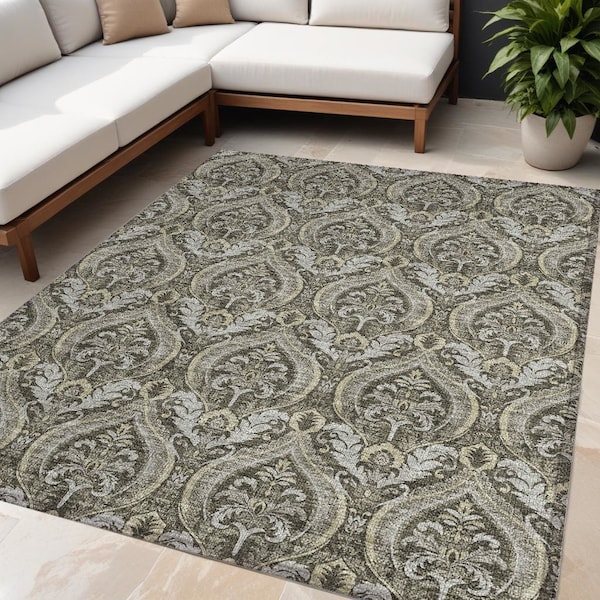 Homeroots 5' X 8' Taupe And Beige Damask Washable Indoor Outdoor Area Rug 563893 - main