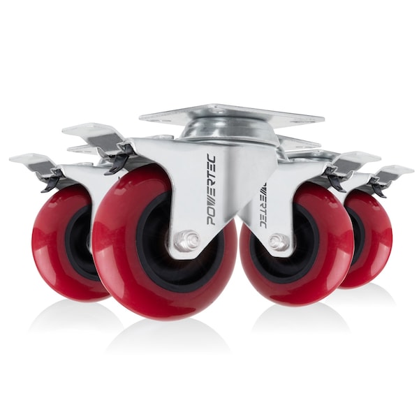 Powertec 3'' Swivel Plate Caster Wheels w/ Brake & 640 lbs Loads, Dual Locking PU Castor Wheel, 4PK 17205N - main