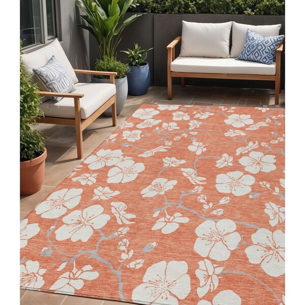 Homeroots 5' X 8' Coral Ivory And Gray Floral Washable Indoor Outdoor Area Rug 599875 - main