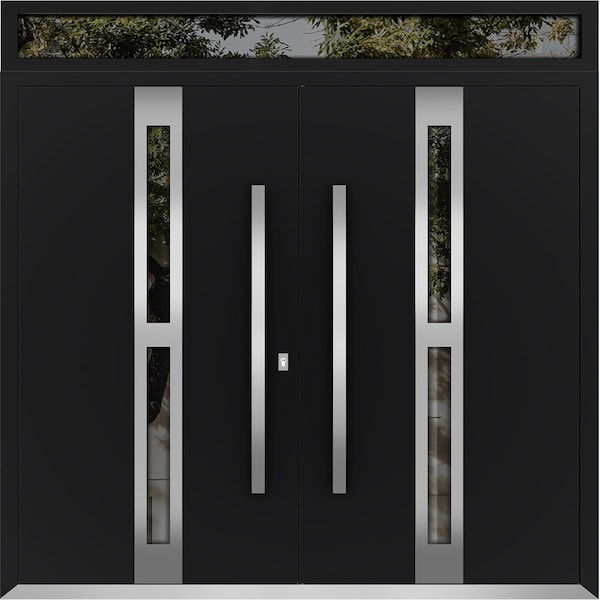 Vdomdoors Metal Double Doors Deux 1755 Black Enamel Opaque Black Glass Top Transom Top Transom Entry Modern P DEUX1755DEXD-BLK-W72xH80+14-RH-O - main
