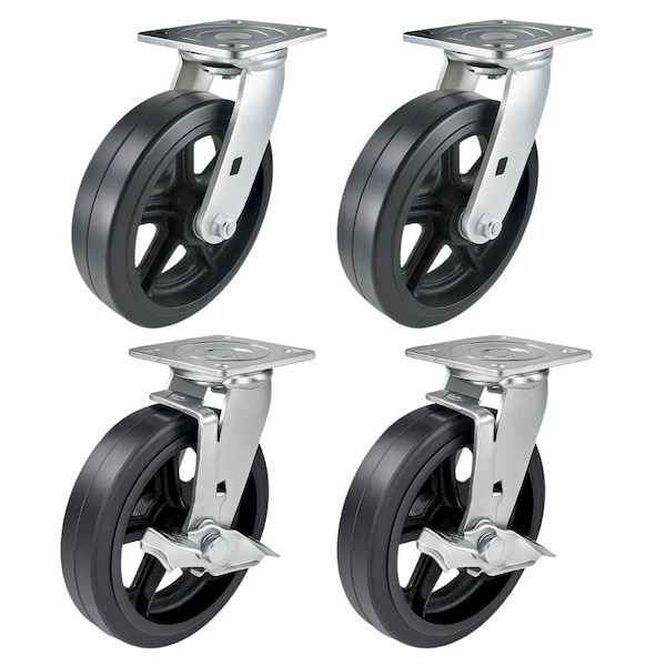 Hyw Products Heavy Duty Caster Set 8in Rubber on Cast Iron Wheels, 2 Swivel & 2 Swivel with Brake, 4PK 40-80S-A1-RC-2,40-80S-A1-RC-TB-2 - main