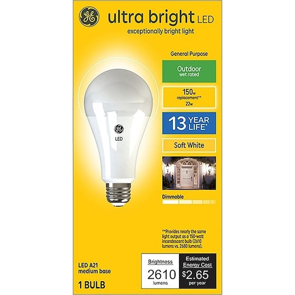 Ge Ultra Bright Light Bulb, A23 Lamp, 150 W Equivalent, Medium E26 Lamp Base 93129366 - main
