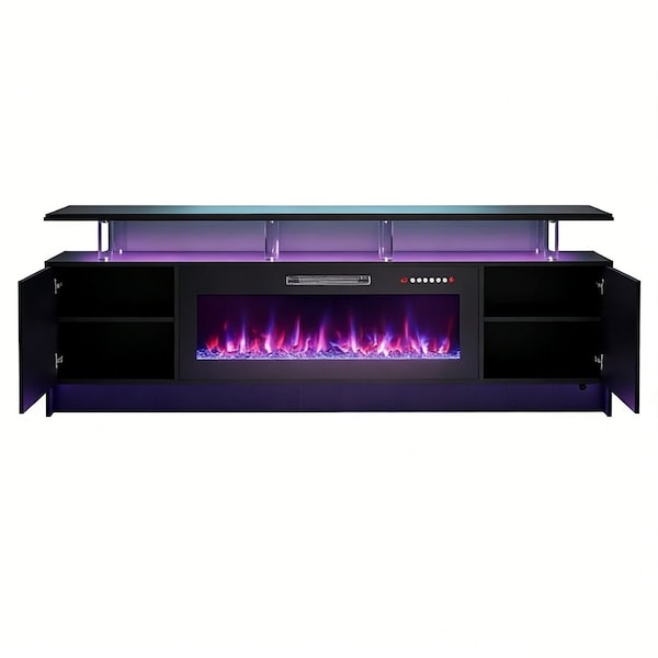 Homeroots 80in Black Wood Fireplace Entertainment Center With Fireplace 723795 - main