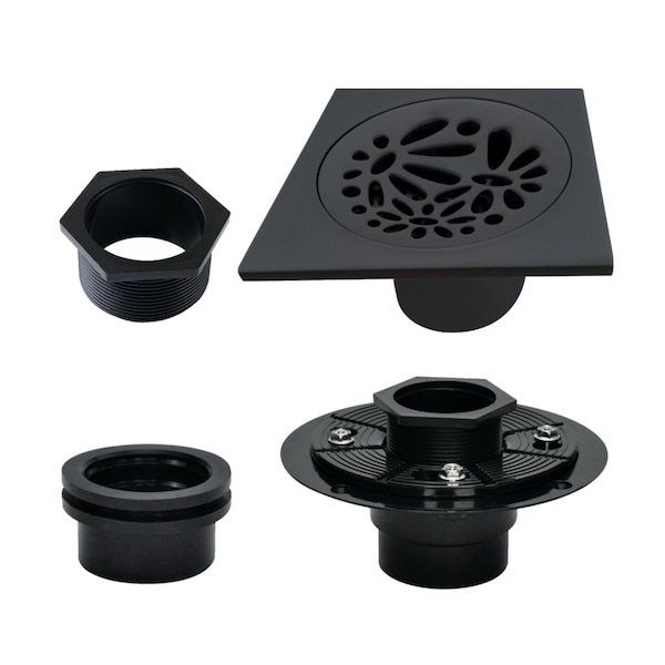 Kingston Brass 4" Brass Square Grid Shower Drain with Hair Strainer and Base Flange, Matte Black BSFK6360MB - main