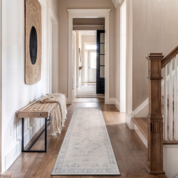 World Rug Gallery Blue and Ivory Medallion Rug - Machine Washable, Flat Pile, Family Friendly 2 ft 6 in x 8 ft Runner WR172BLUE26X8 - main
