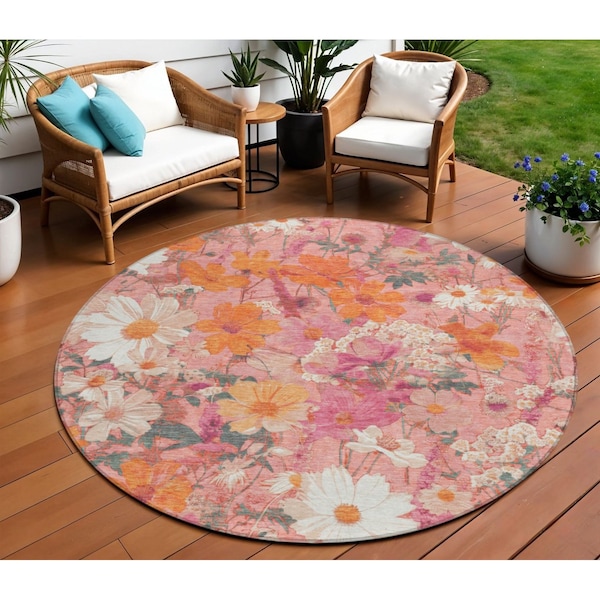 Homeroots 8' Blush Pink And Orange Round Floral Washable Indoor Outdoor Area Rug 611188 - main