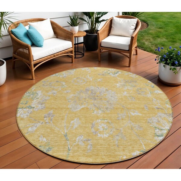 Homeroots 8' Gold Beige And Fern Green Round Floral Washable Indoor Outdoor Area Rug 589466 - main