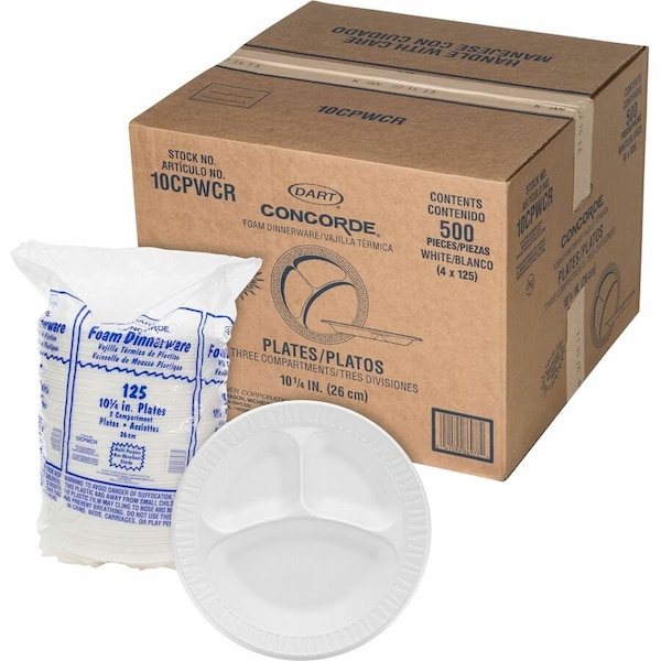 Dart 10CPWCR, 3-Comp Foam Plate, 10-1/4" Dia., White, 500/Carton 10CPWCR - main