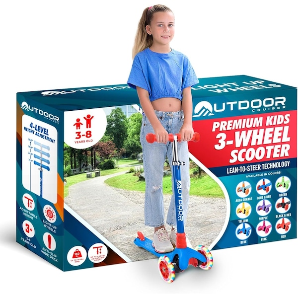 Outdoorcruiser Outdoor Cruiser 3-Wheel Kids Scooter, Lean-to-Steer, LED Wheels, Adjustable T-Bar, Blue/Red OCKSRB684 - main