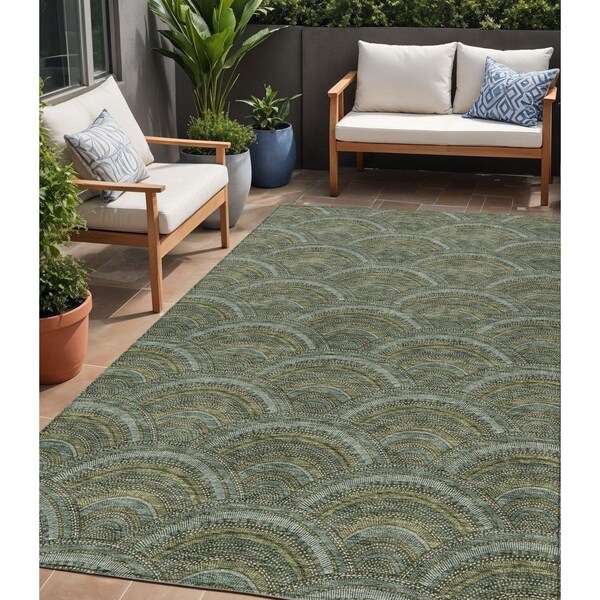 Homeroots 5' X 8' Olive Green Fern Green And Silver Geometric Washable Indoor Outdoor Area Rug 615213 - main