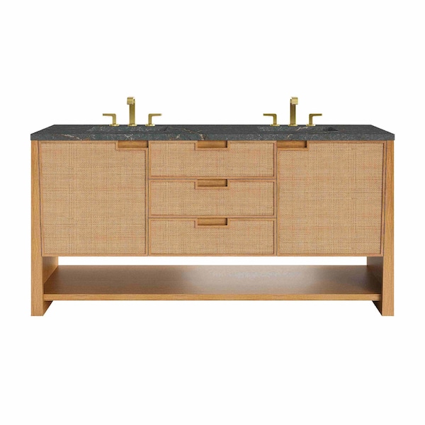 James Martin Vanities Solene 72 in. Double Vanity, Seaside Oak, w/ 3 CM Parisien Bleu Quartz Top D225-V72-SSO-3PBL - main