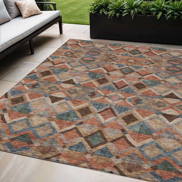 Homeroots 5' X 8' Brown Gray And Tan Geometric Washable Indoor Outdoor Area Rug 603234 - main