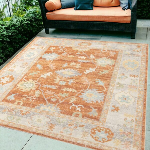 Homeroots 5' X 7' Blue and Orange Floral Stain Resistant Indoor Outdoor Area Rug 531501 - main