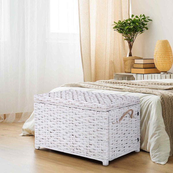 Happimess Jacob 31.5in Hand-Woven Wicker Storage Trunk, Distressed White HPM9003E - main