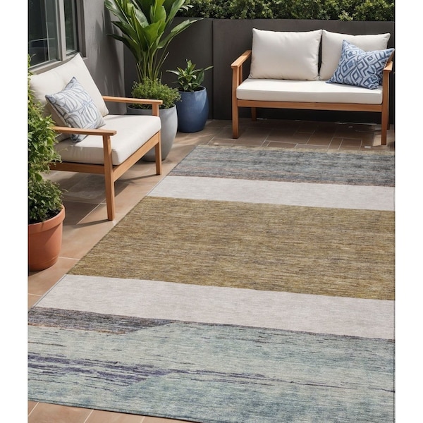 Homeroots 5' X 8' Brown Ivory And Blue Abstract Washable Indoor Outdoor Area Rug 615273 - main