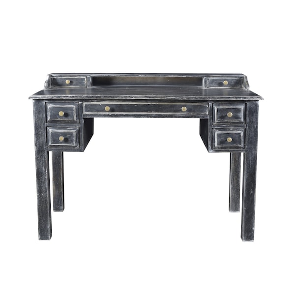 Homeroots 46" Black Solid Wood Writing Desk With Seven Drawers 489185 - main