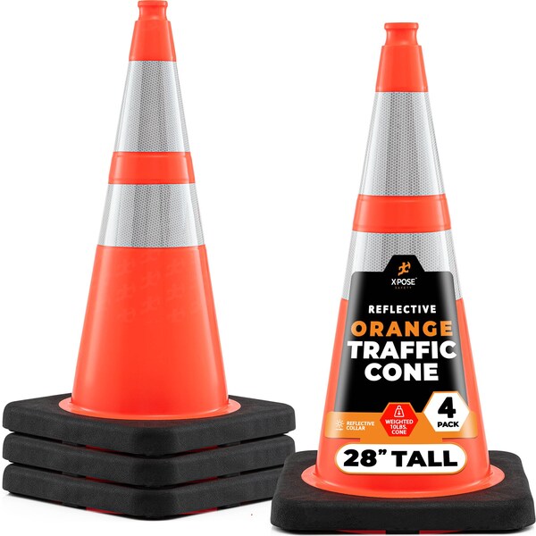 Xpose Safety 28 in Orange Traffic Cone, 10 lb Base with 6 in & 4 in Reflective Collar, PVC, DOT Approved, 4 PK OTC28-64-10L-4-X-S - main