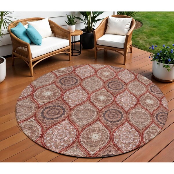 Homeroots 8' Orange Beige And Gray Round Floral Medallion Washable Indoor Outdoor Area Rug 614625 - main