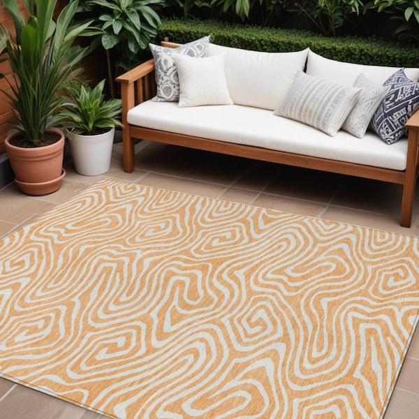 Homeroots 8' X 10' Peach And Ivory Abstract Washable Indoor Outdoor Area Rug 598995 - main