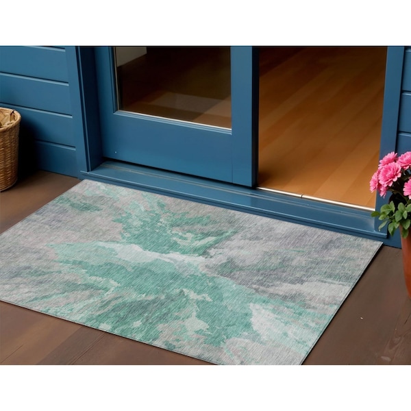 Homeroots 3' X 5' Teal Blue And Lavender Abstract Washable Indoor Outdoor Area Rug 615626 - main