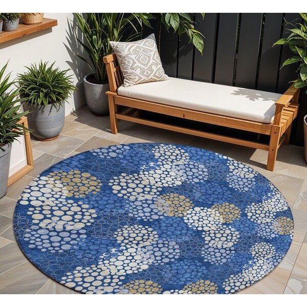 Homeroots 8' Navy Blue Brown And Ivory Round Polka Dot Washable Indoor Outdoor Area Rug 594264 - main