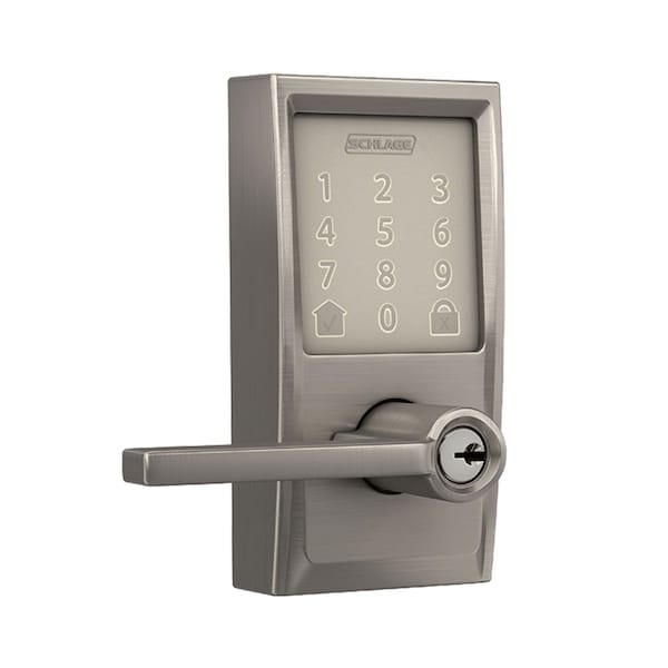 Schlage Residential Grade 1 Touchscreen Cylindrical Lock, Encode Series, Century Trim, Latitude Lever, Satin Nickel Fin FE789WBC CEN x LAT 619 - main