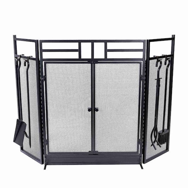 Lavish Home Fireplace Screen 3 Panel Gate with Doors & 4PC Fire Place Tools Set with Poker, Tongs, Brush, Shovel 80-FPTS-12 - main