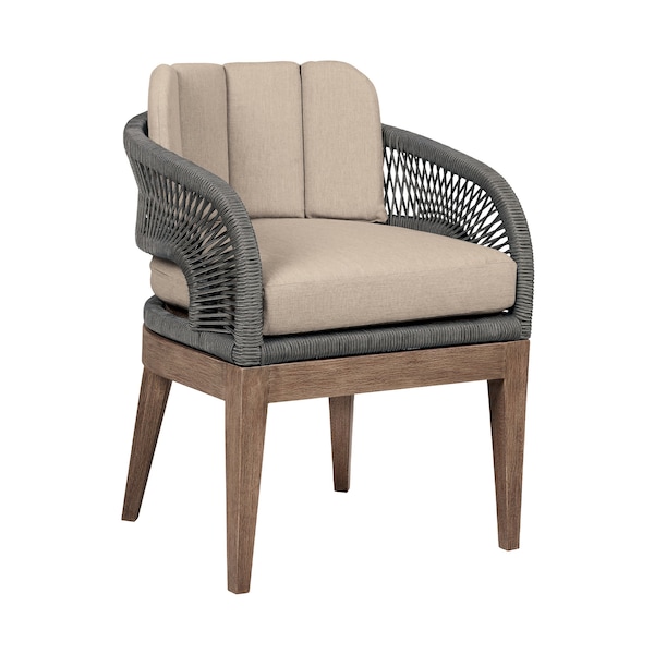 Armen Living Orbit Outdoor Patio Dining Chair in Weathered Eucalyptus Wood with Gray Rope and Taupe Cushions LCORSIEUCTP - main