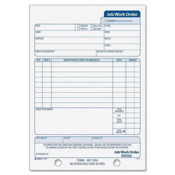 Adams Job Work Order Book- 3-part- carbonless- 33 ST per BK T5868 - main