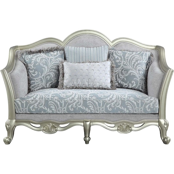 Homeroots 66in Light Gray And Champagne Linen Damask Loveseat and Toss Pillows 515727 - main