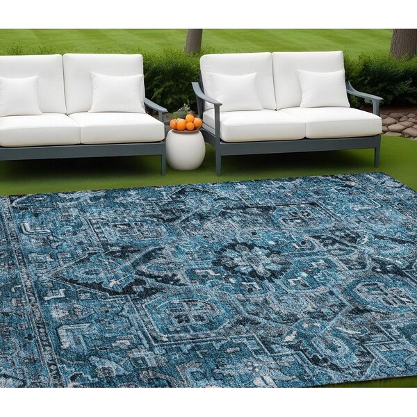 Homeroots 9' X 12' Denim and Gray Oriental Washable Non Skid Indoor Outdoor Area Rug 563752 - main