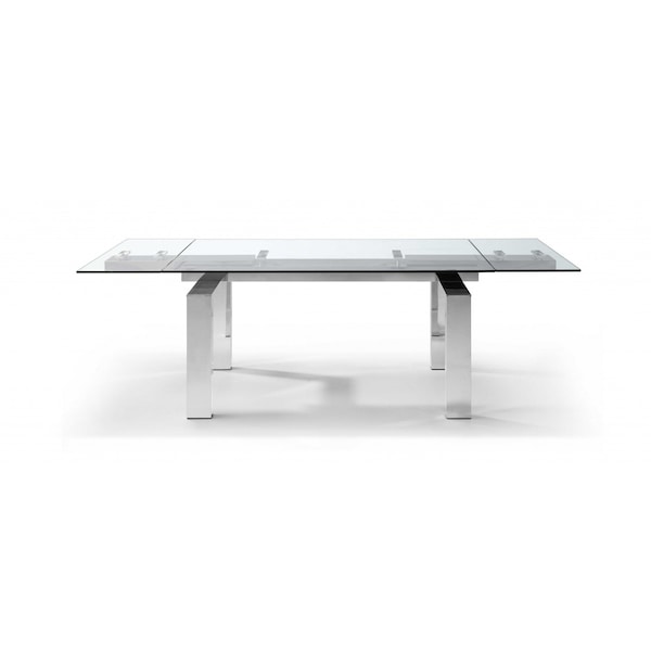 Homeroots 63" Clear and Silver Glass and Stainless Steel Self-Storing Leaf Dining Table 320769 - main