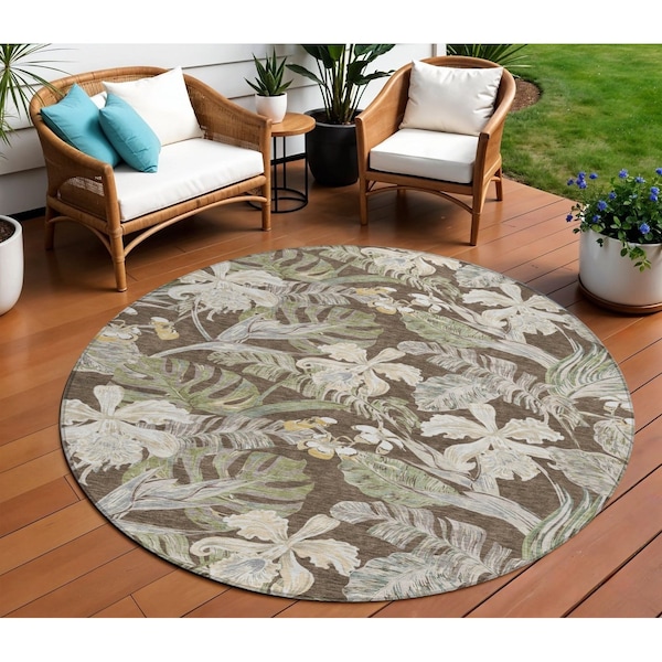 Homeroots 8' Brown Beige And Olive Green Round Botanical Leaves Washable Indoor Outdoor Area Rug 618396 - main