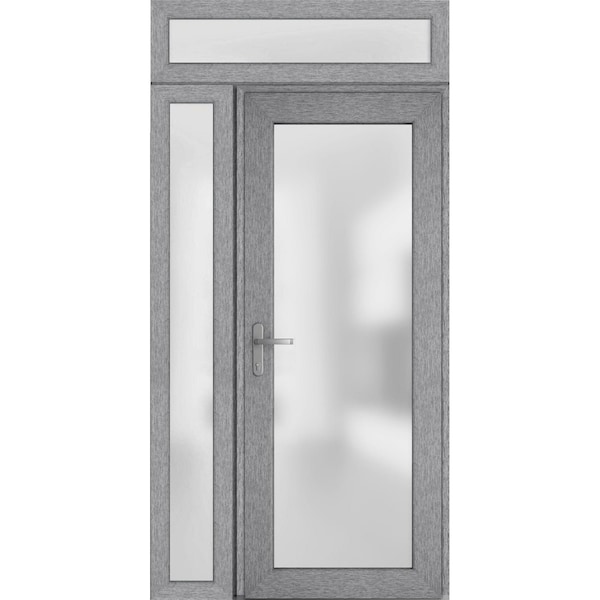 Vdomdoors Front Exterior Prehung FiberGlass Door Frosted Glass / Manux 8102 Grey Ash / Sidelight and Transom MANUX8102EXD-SS-W30+12 x H80+14-RH - main