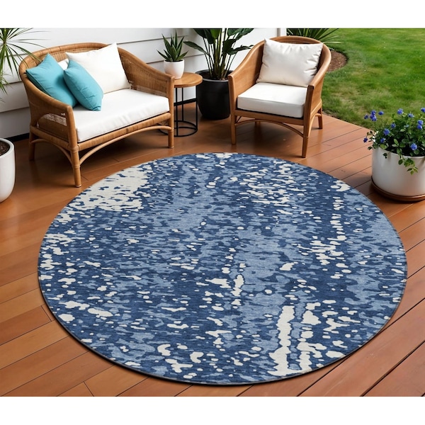 Homeroots 8' Denim Blue And Ivory Round Abstract Washable Indoor Outdoor Area Rug 612931 - main