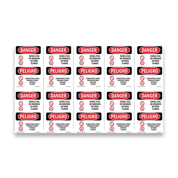 Signmission OSHA Danger, Diesel Fuel No Smoking Bilingual, 5in X 3.5in Decal, 10PK, OS-DS-D-35-VPR-1124-10PK OS-DS-D-35-VPR-1124-10PK - main