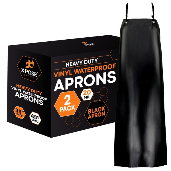 Xpose Safety Heavy Duty Vinyl Apron, 35inx45in, Black, Waterproof, Chemical Resistant, 20 Mil 2PK AR100-2-X - main