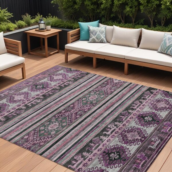 Homeroots 10' X 14' Purple Plum And Gray Tribal Washable Indoor Outdoor Area Rug 615427 - main