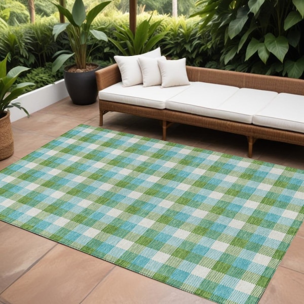 Homeroots 10' X 14' Lime Green Aqua And Beige Plaid Washable Indoor Outdoor Area Rug 601409 - main