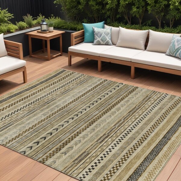 Homeroots 9' X 12' Chocolate And Taupe Striped Washable Indoor Outdoor Area Rug 615336 - main