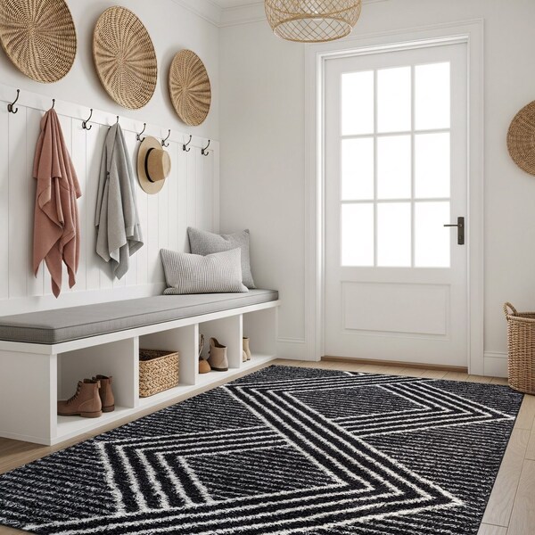 World Rug Gallery Abstract Geometric Pattern Shag Area Rug 4 ft x 6 ft Anthracite WR127ANTHRACITE4X6 - main