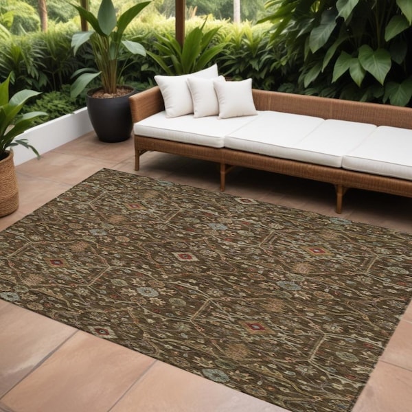 Homeroots 8' X 10' Chocolate Red And Green Floral Washable Indoor Outdoor Area Rug 604586 - main