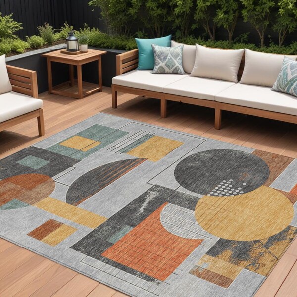 Homeroots 8' X 10' Gray Gold And Orange Geometric Washable Indoor Outdoor Area Rug 618025 - main
