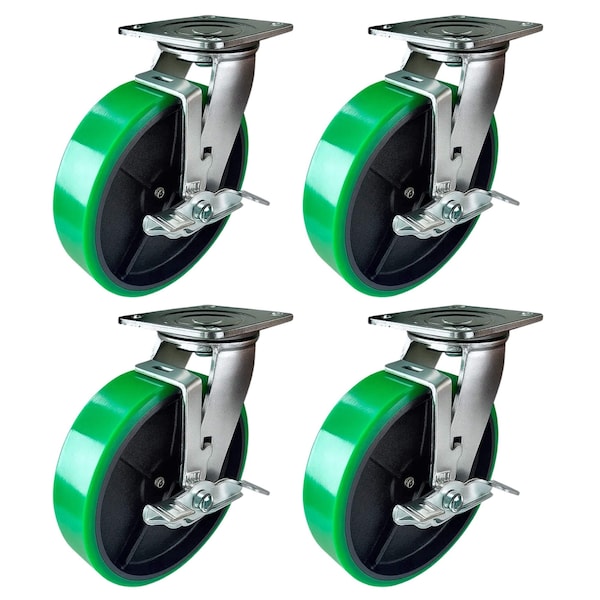 Hyw Products Heavy Duty Caster Set 8in Green Polyurethane on Cast Iron Wheels, 4 Swivel with Brake, 4PK 40-80S-A1-PC-TB-4 (G) - main